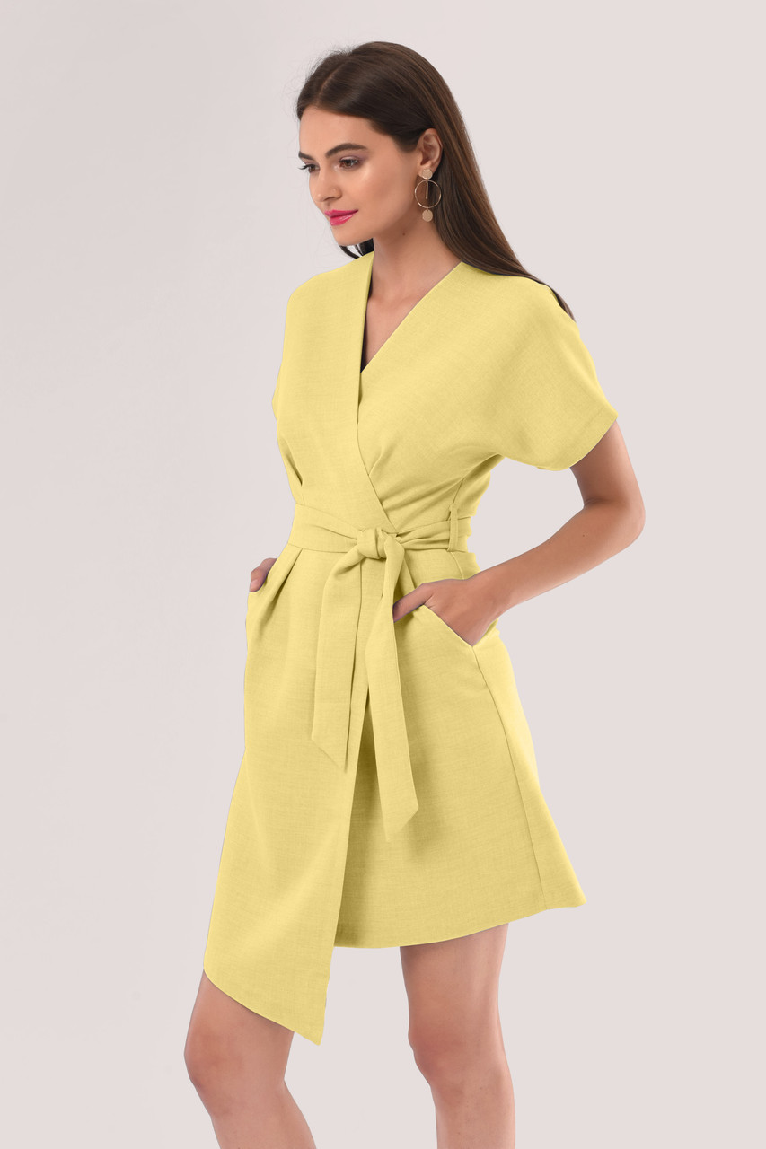 Women's Yellow Kimono Wrap Mini Dress